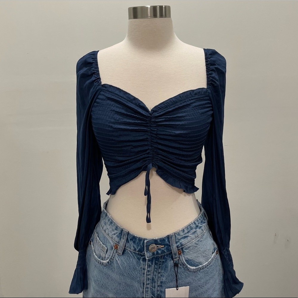 Navy Blue Long Sleeved Ruched Crop Top